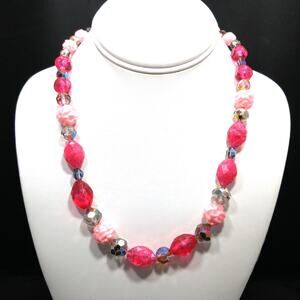 Vintage Pink Lucite AB Crystal Bead Necklace Molded Rose 1950s